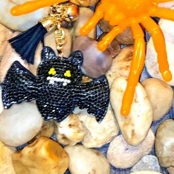 Halloween Black Bat Crystal Gold Ball Tassel Charm Key Chain Gothic Rockabilly - Picture 1 of 10